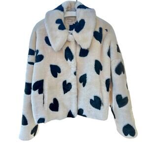 Jayley Lola Love Faux Fur Cropped Jacket Heart Pattern Cream Black- Size Sm/Med